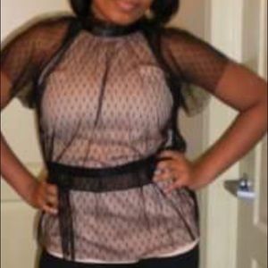 Lace overlay blouse with ribbon tie